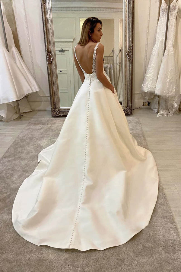 Luolandi A-Line V-neck Lace Appliques Satin Wedding Dress Bridal Gowns Floor Length Beautiful